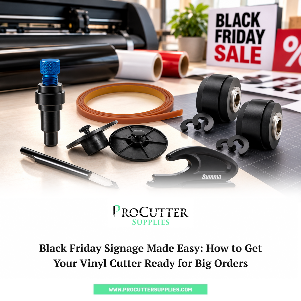 Vinyl cutter parts, including a blade holder, cutting strip, pinch rollers and Summa tool, beside vinyl rolls and a Black Friday Sale sign. ProCutter Supplies: Black Friday signage made easy.