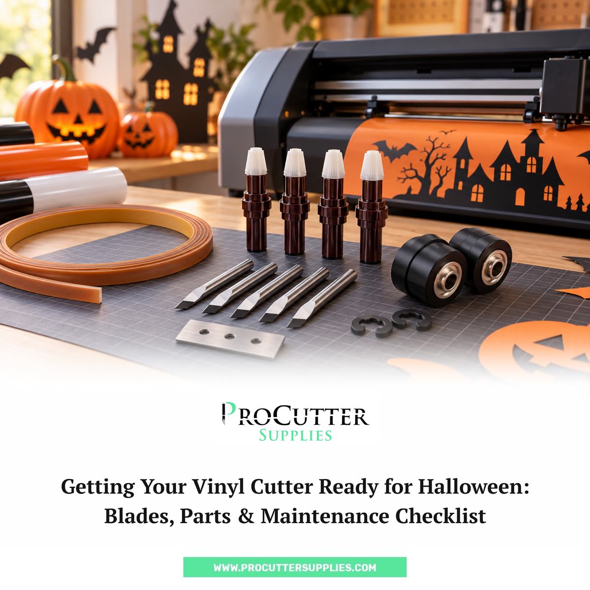 Vinyl cutter blades, blade holders, pinch rollers and a cutting strip on a mat, with Halloween pumpkins and a haunted-house design cut from orange vinyl. ProCutter Supplies Halloween maintenance checklist.